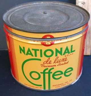 Vintage 1 Pound Key Wind Coffee Tin - National De Luxe Coffee - Chicago