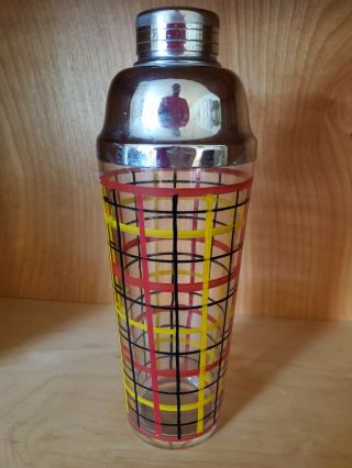 Vintage Mid Century Tartan Stripe Glass Cocktail Shaker W/ Chrome Lid