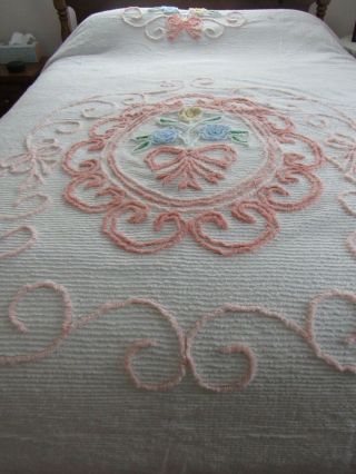 Vintage White Chenille Bedspread W Floral Design 72 " X 103 " Cutter