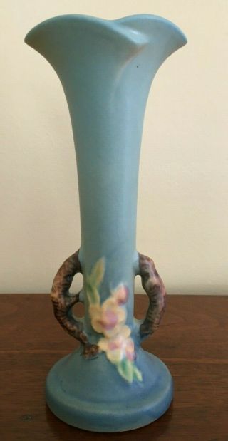 Vintage Roseville Pottery Apple Blossom Blue Bud Vase 379 - 7 C.  1949