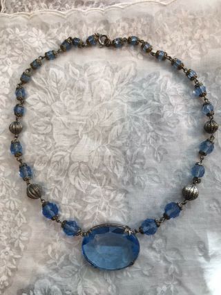 Vintage Art Deco Blue Glass Bead Pendant Necklace