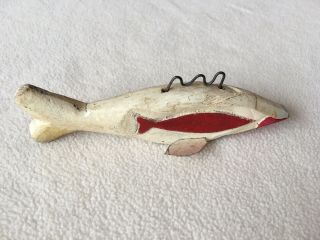 Vintage Homemade Ice Fishing Decoy Wood W/ Metal Fins 5 1/2” White & Red