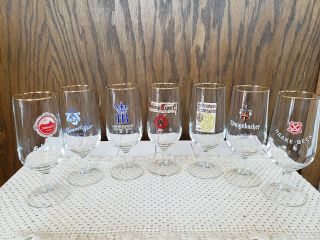 Set Of 7 Vintage Stemmed German Brand Beer Pilsner Glasses