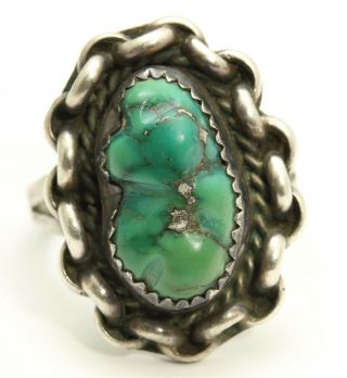 Vintage Navajo Sterling Silver Old Pawn Green Turquoise Nugget Chain Link Ring
