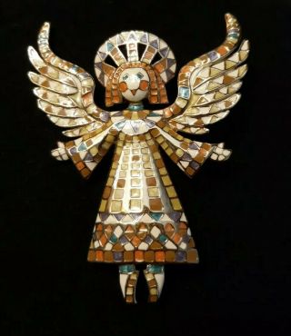 Vintage Bob Mackie Signed Guardian Angel Mosaic Enamel Large Brooch Estate Pin