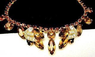 Rare Vintage 16 " Signed Weiss Goldtone Amber Clear Rhinestone Necklace A55