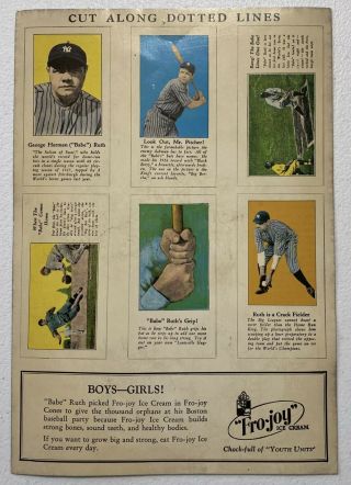 Authentic Babe Ruth 1928 Vintage " Fro - Joy Ice Cream " Uncut Sheet Cards