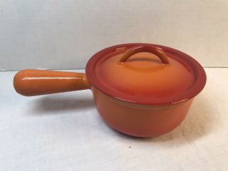 Vintage Le Creuset 14 Sauce Pot Cast Iron Enamel Flame Orange W/ Belgium Lid