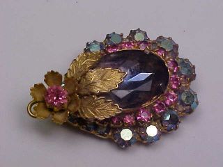 Ornate Vintage Goldtone & Pink/ab Rhinestone Flower Brooch