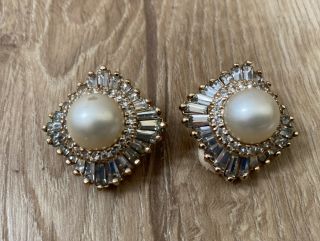 Vintage Signed Panetta Faux Pearl & Clear Crystal Rhinestone Clip On Earrings 1 "