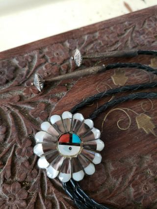 Vintage Old Pawn Zuni Native American Turquoise Multi Stone Sterling Bolo Tie.