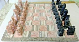 Vintage Handcrafted Mexican Chess Set; Complete 32 Pc Plus Board