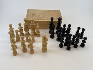 Vintage Hand Carved Wood St.  George Style Chess Set In Slide Box