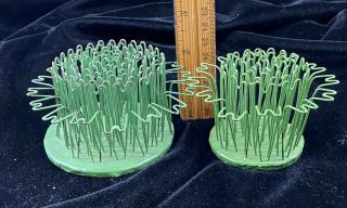2 Vintage Blue Ribbon Green Hairpin Cage Metal Flower Frogs 3 & 5