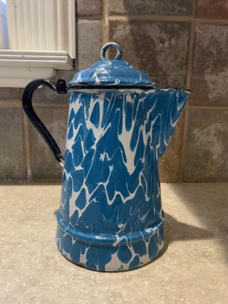 Graniteware Enamelware Blue & White Swirl Vintage Coffee Pot