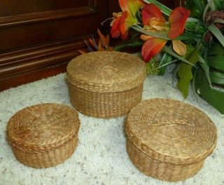 3 Vintage Woven Sweetgrass Baskets W Lids 3 Different Sizes Fit Inside Each One