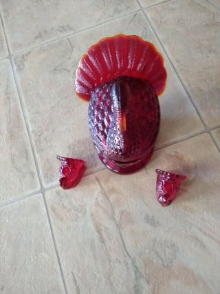 Vintage L.  E.  Smith Co.  Ruby Red And Amberina Glass Covered Turkey Dish.