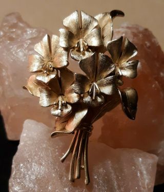 Crown Trifari Signed Tiger Lily ? Gold Plate Flower Bouquet Brooch Vintage Pin