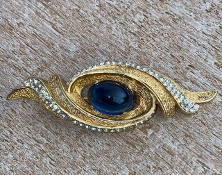 Large Vintage Signed Castlecliff Eye Brooch Pin W Blue Jelly Belly & Rhinestones
