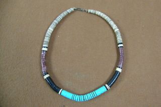 Vintage Native American Heishi Disc Bead Necklace Multi Stone Turquoise Onyx
