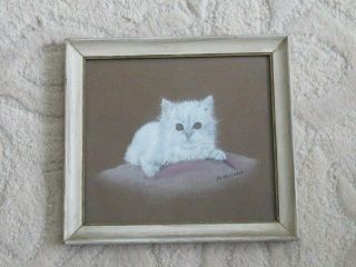 Sweet Little Vintage Pastel Painting White Cat Kitten On Pink Pillow Framed