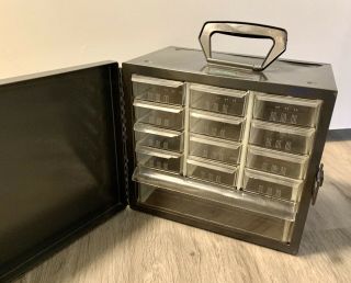 Vintage Metal Akro - Mils Storage Cabinet 13 Drawers With Door & Key