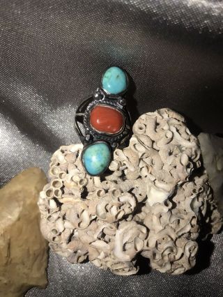Old Pawn Sterling Silver Native American Navajo Turquoise Coral Ring Sz 7 Vintag
