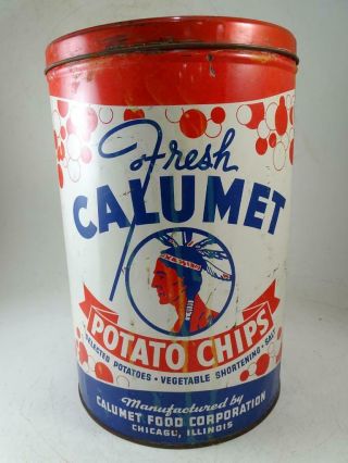 Vintage Advertising Tin Calumet Potato Chips Chicago Il Can Container 1 Lb.  Old