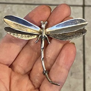 Large Vintage Taxco Mexico Tm - 40 Sterling Silver 3d Figural Dragonfly Brooch Pin