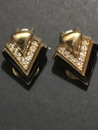 Vintage Christian Dior Gold Tone Black Rhinestone Earrings Clip On Earrings