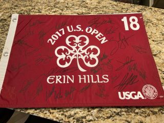 Brooks Koepka Signed 2017 Us Open Flag And Nearly 30 Other Golfers Signed