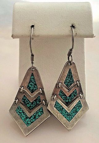 Vintage Taxco 925 Sterling Silver Turquoise Inlaid Dangle Earrings
