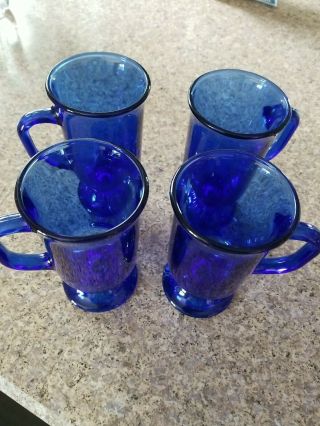 4 Vintage Anchor Hocking Cobalt Blue Glass Coffee,  Tea Footed Pedestal Mugs Irish