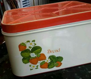 Vintage Strawberries Bread Box Polka Dots Mid Century Cheinware Metal