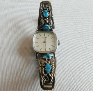 Awesome Vintage Navajo Sterling Silver & Turquoise Watch Tips - Timex Runs