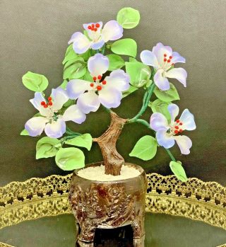 Vintage 9.  5 " Jade Glass Bonsai Tree Japanese Oriental Dogwood Blossom Wood Pot