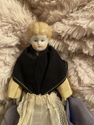 Antique German 9.  5” Low Brow China Doll With Outfit And Blonde Hair