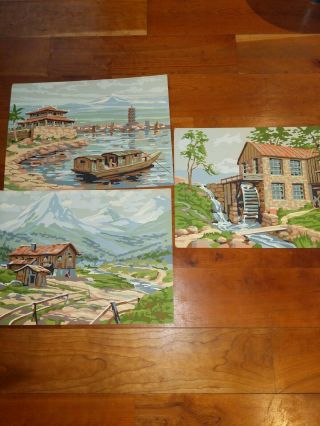 Set Of 3 Vintage Paint By Number Unframed Mountain Water Mill Pbn 12x16