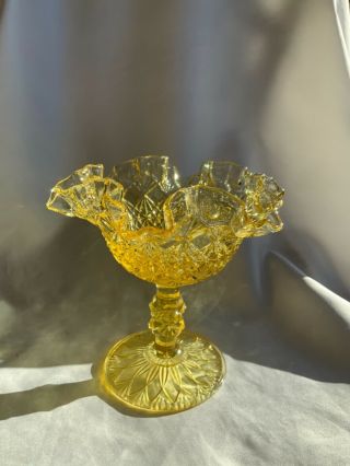 Vintage Fenton Art Glass Diamond Pattern Yellow Footed Compote Dish Ruffled Top