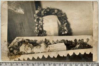 1910s Post Mortem Dead Baby In Open Coffin Сasket Funeral Russian Vintage Photo