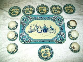 Vintage Wolverine Usa Child Toy Tea Set Tin Litho Blue Kettle Cup Plate 20 Piece