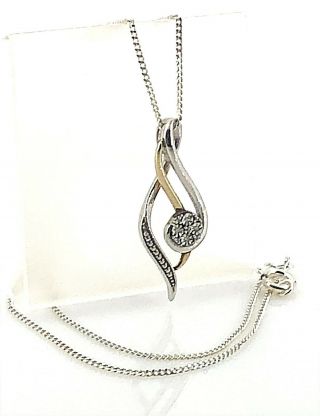 Vintage Sterling Silver,  10k Yellow Gold & Diamond Petite Pendant Necklace,  18 "