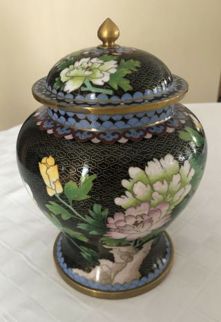Vintage Cloisonné Hand Painted Lidded Jar Vase Height 7.  5”