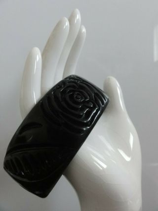 Vtg Floral Deeply Carved Black Lucite Or Celluloid Bangle Bracelet