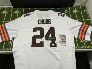 Nick Chubb Signed Cleveland Browns White Jersey Jsa Witness 743 Playoffs