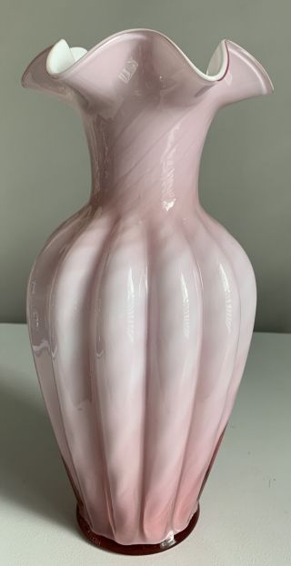 Vintage Fenton Glass Vase Pink & White Swirl Cased Glass 11 1/4 ",  Ruffled Rim