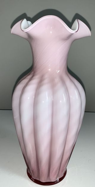 Vintage Fenton Glass Vase Pink & White Swirl Cased Glass 11 1/4 
