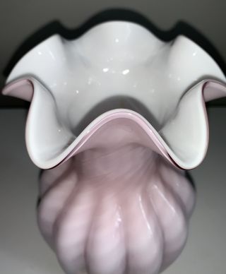 Vintage Fenton Glass Vase Pink & White Swirl Cased Glass 11 1/4 