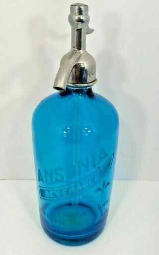 Ansonia Beverages Vintage Seltzer Bottle Blue Etched Connecticut 26 Ounce