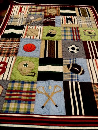 Vintage Pottery Barn Kids Twin Size Boys Sports Athletic Quilt & Sham 84 " X 65 "